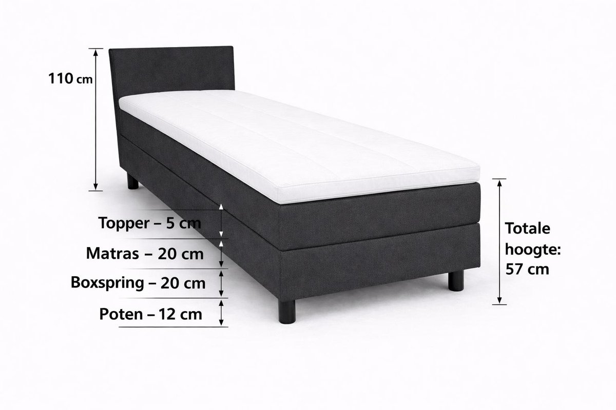 Boxspring Ayla Royal - 80x210 Compleet - Antraciet Glad - Ayla Matrassen - 1 persoons