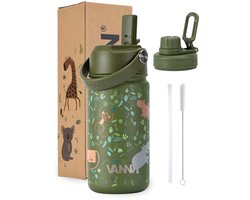 VANN® 3-Wandige Drinkfles en Schoolbeker voor kinderen met rietje in 1 – 400 ML – RVS – Met 4 accessoires – 24 uur koud/12 uur warm – Jungle