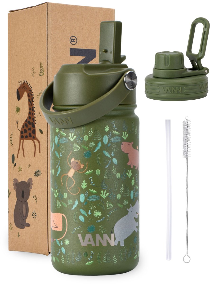 Bol.com VANN® 3-Wandige Drinkfles en Schoolbeker voor kinderen met rietje in 1 – 400 ML – RVS – Met 4 accessoires – 24 uur koud/... aanbieding