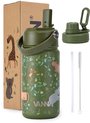 VANN® 3-Wandige Drinkfles en Schoolbeker voor kinderen met rietje in 1 – 400 ML – RVS – Met 4 accessoires – 24 uur koud/12 uur warm – Jungle