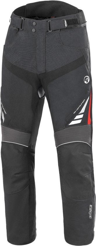 Zwarte Buse motorbroek met rode en witte accenten, 'AIR VENTILATION' tekst.