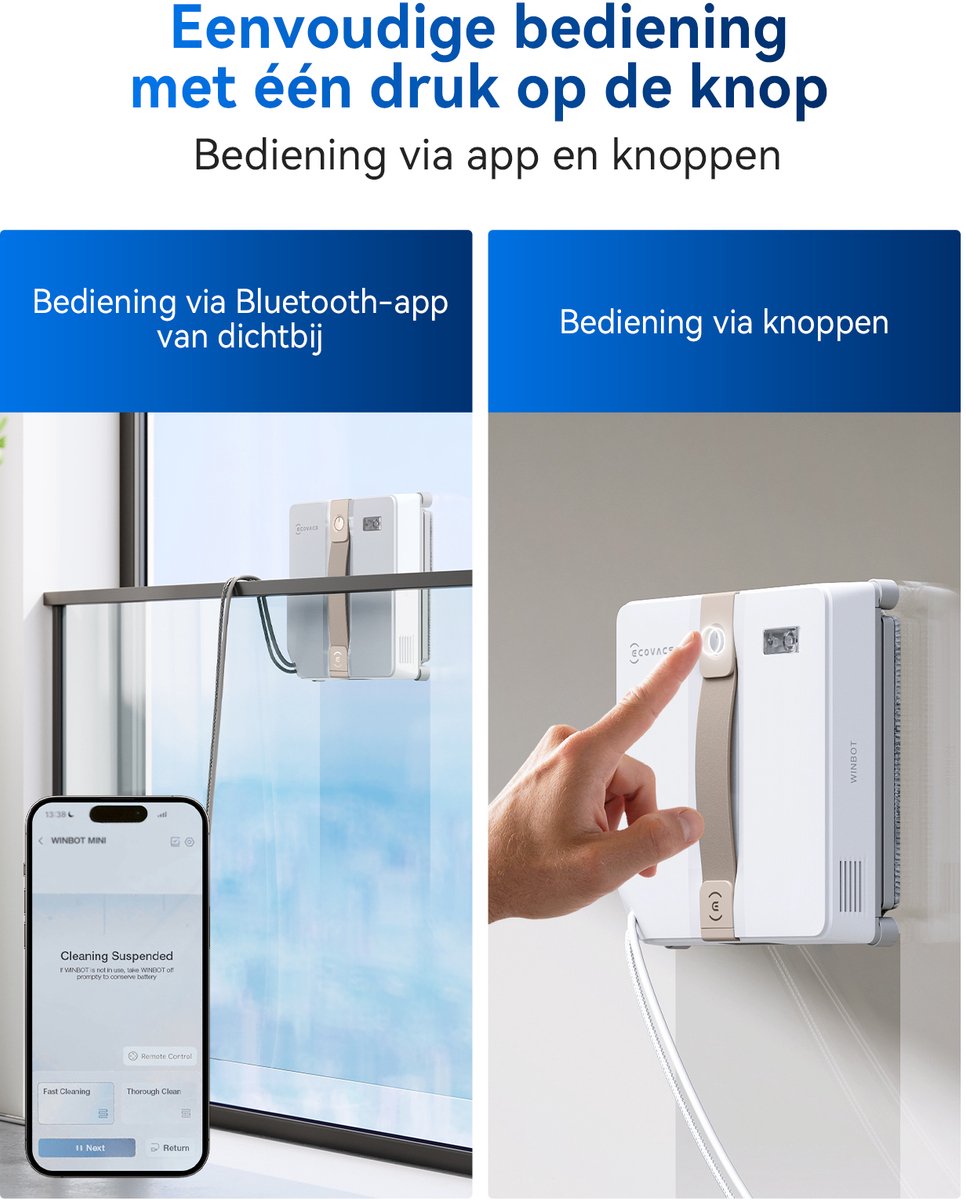 Ecovacs Winbot Mini Robot Ramenwasser - Robot Ramenreiniger - Ruitenreiniger - 9 ‑Traps Veiligheidssysteem - Dubbele Sproeiers Met Ultrasone Verneveling - Intelligente Routeplanning - 3 Reinigingsmodi - Beige - Voor Ramen, Spiegels, Glazen Deuren thumbnail 2