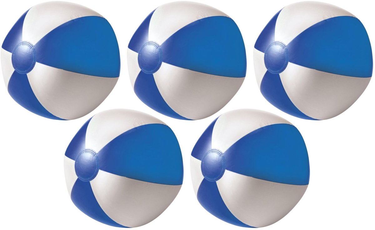 Impression Strandbal - 5x - opblaasbaar - zwembad speelgoed - blauw/wit - D26 cm