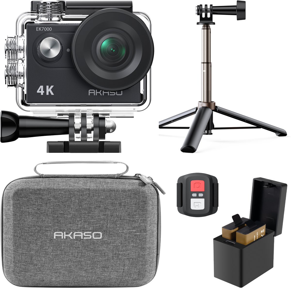 AKASO EK7000 Action Camera - met 60 cm Selfie Stick & Tas - Waterdicht 30m - Afstandsbediening - 4× Zoom - WiFi - Onderwatercamera met met – Zwart