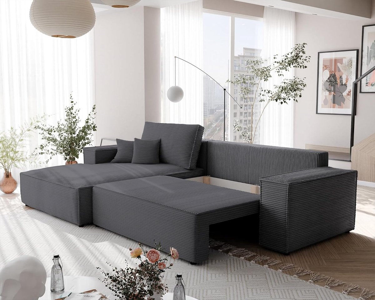 Hoekbank met Slaapfunctie 294 x 185 x 70 cm – L-vormige Slaapbank met Opbergruimte en Bedlade – 3-Zits Bankbed van Corduroy – Links/Rechts Oriëntatie – Laura