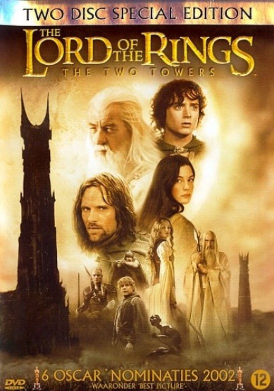 DVD hoes met de cast van 'The Lord of the Rings: The Two Towers' voor een gouden achtergrond met de toren van Barad-dûr.