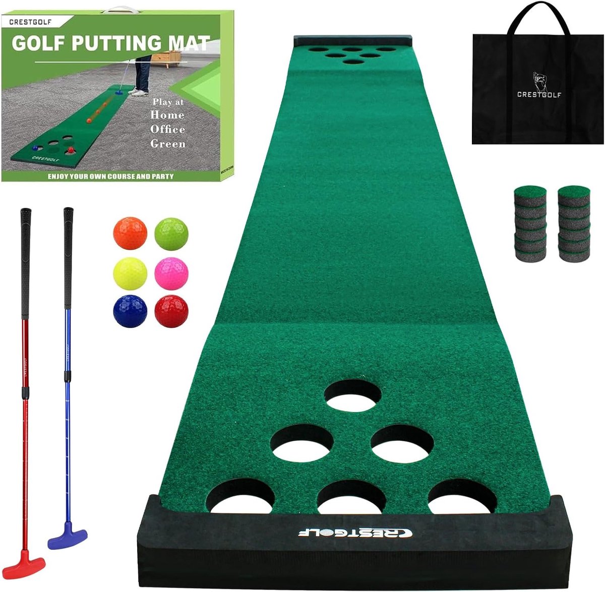 Golf Pong Game Set - Golf Putting Mat - Inclusief 2 Putters - 6 Golfballen - 12 Hole Covers - Golfspel voor Binnen & Buiten - Party Game - Kantoor & Tuin - Short Game Training - Putting Green - Cadeau voor Mannen - Groen - Complete Set