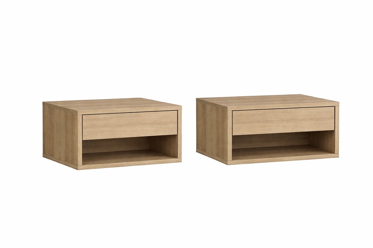 Nachtkastje - Zwevende nachtkastjes - Nachtkastjes met lade set van 2 - Wand nachtkastje met lade en plank – RGB LED verlichting – Beige - 37X32X21 cm