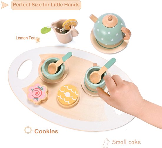 Houten theeservies voor kinderen - Houten speelkeukenaccessoires - Theeservies - Theeset voor een theefeestje - Houten speelkeuken voor kinderen - Kinderservies, rollenspelcadeau - voor meisjes en jongens - Groen — afbeelding 2