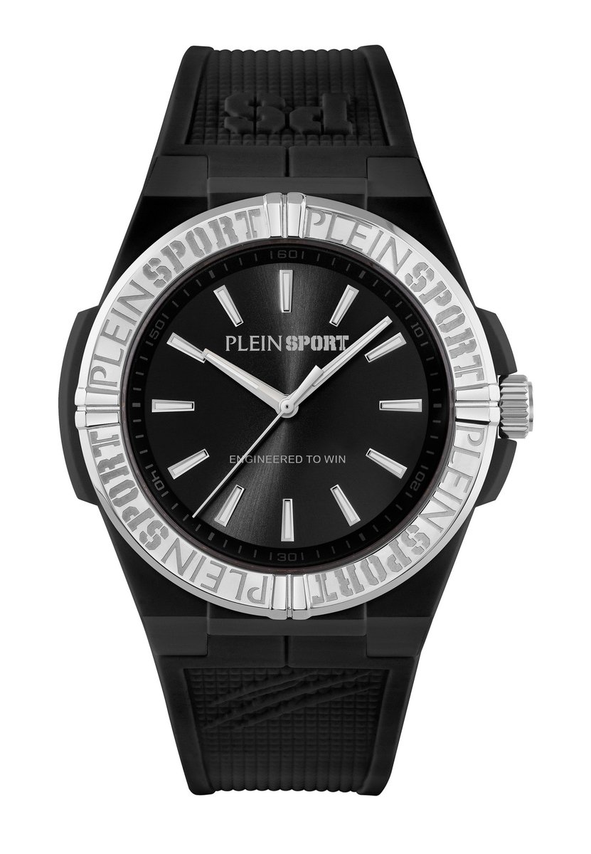 Plein Sport Laserstrike Kwarts Analoog Horloge Zwart-Zilver-Tint Kast: 100% Gerecycled Roestvrij Staal| Armband: Siliconen 42 mm PSFGA0626, PSFGA0726, PSFGA0826, PSFGA0926, PSFGA1026