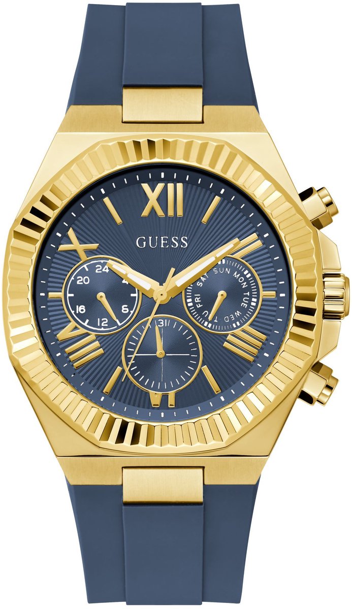 Guess Equity Quartz Analoog Horloge Blauw Kast: 100% Roestvrij Staal | Armband: 100% Siliconen 44 mm GW1011G1, GW1011G2