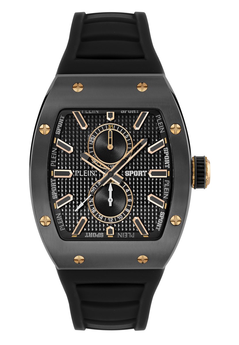 Plein Sport Stormbreaker Multifunctioneel Horloge Zwart En Goud-Tint Kast: 100% Gerecycled Roestvrij Staal| Armband: Siliconen 52 mm PSSGA0126, PSSGA0226, PSSGA0326, PSSGA0426, PSSGA0526, PSSGA0626