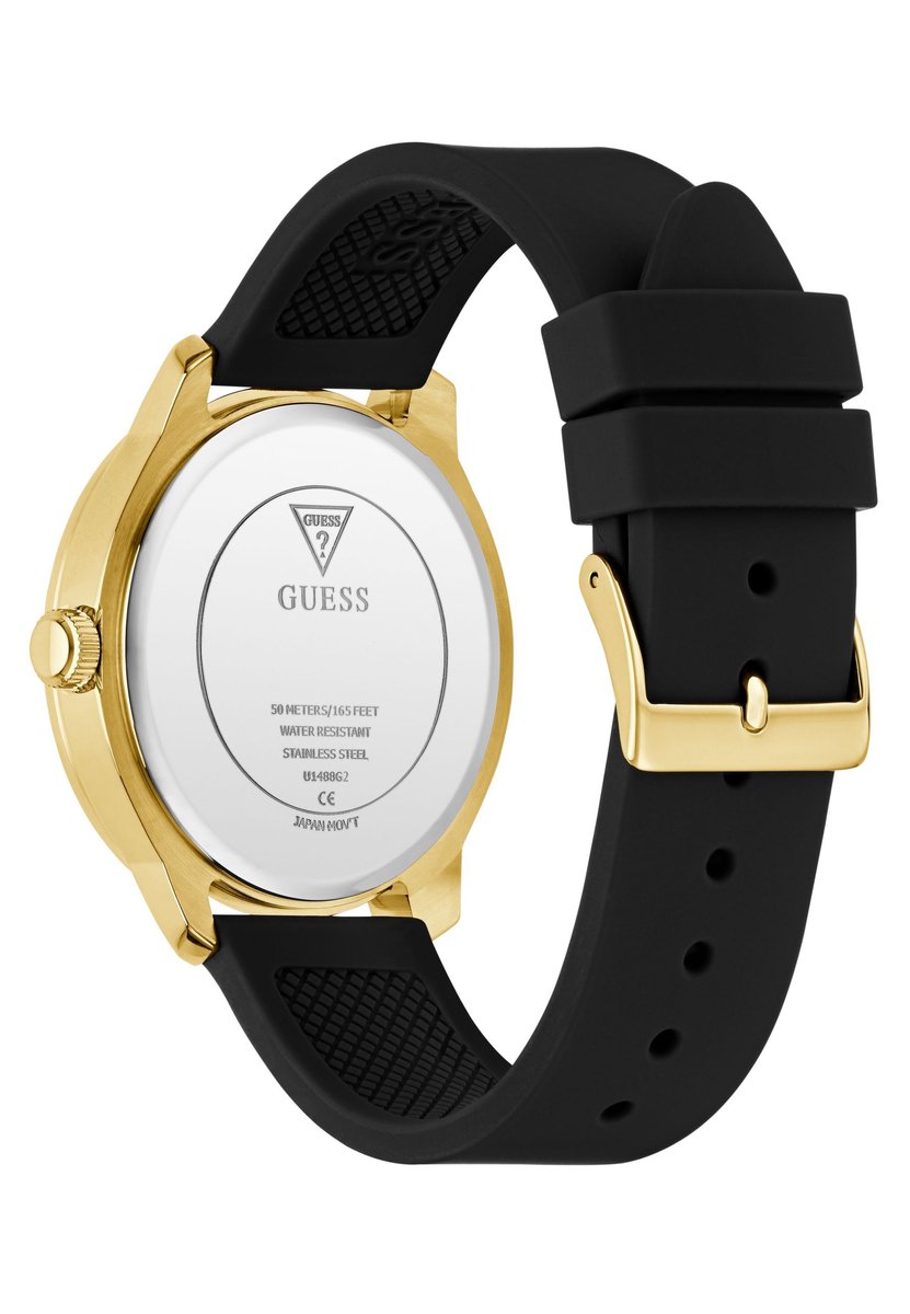 Guess Colton Quartz Analoog Horloge Zwarte En Gouden Tint Behuizing: 100% Roestvrij Staal| Armband: Roestvrij Staal 42 mm U1487G1M, U1487G2M, U1487G3M, U1488G1M, U1488G2M, U1488G5M