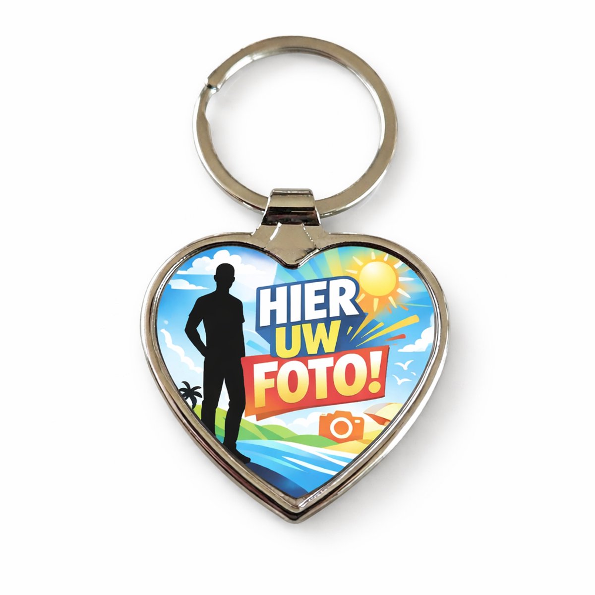 Gepersonaliseerde metalen hart sleutelhanger met jouw foto en tekst – enkelzijdig bedrukt