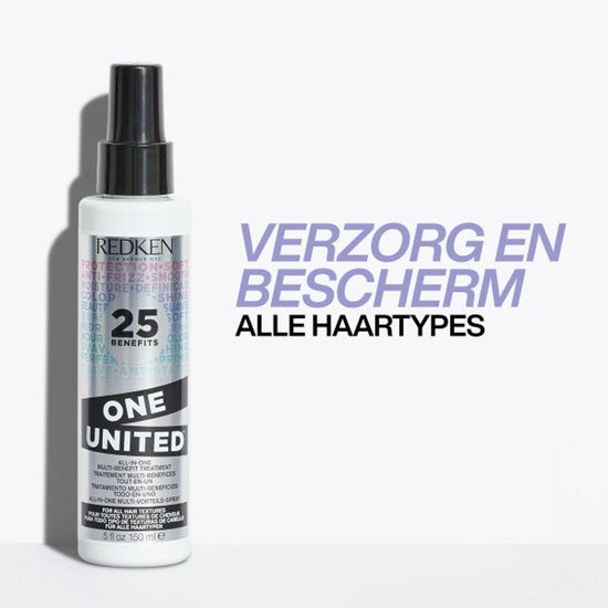 Flacon spray Redken One United avec le texte "Soin et protection pour tous types de cheveux".