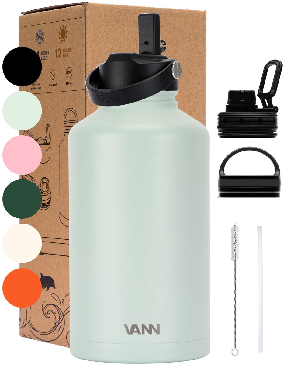 VANN® 3-Wandige RVS Waterfles 2 Liter met rietje voor volwassenen – Met 5 accessoires – thermoskan 2 liter – 24 uur koud/12 uur warm – Greygreen