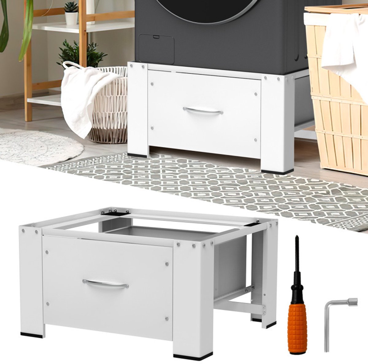 Wasmachine Basisframe met Uittrekbare Lade – Wit, Draagbaar tot 150 kg, 63 x 54 x 32 cm