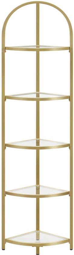 Gouden boogvormig hoekrek met 5 glazen etages op witte achtergrond.