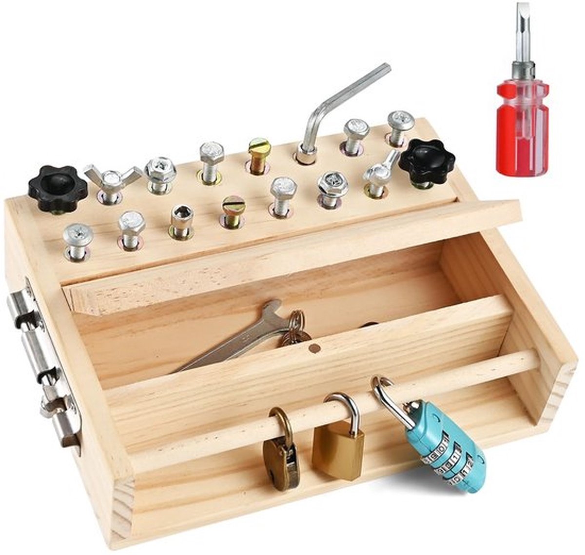 Montessori Schroevendraaier Bord Set – Montessori Speelgoed voor 3, 4, 5 jaar – Met 3 Slotjes en Sleutels – Peuter Schroevendraaier Speelgoed – Kinderen Gereedschapsset – Sensorisch Leerspeelgoed – Fijne Motoriek Speelgoed