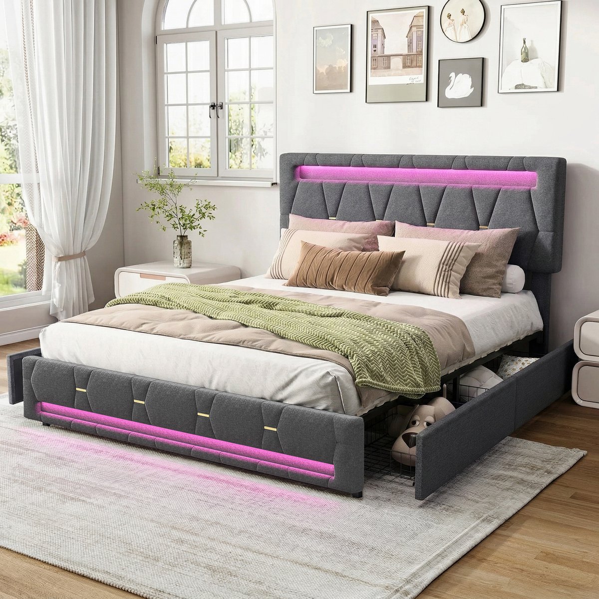 ROSAHQNDA Gestoffeerd bed met ledverlichting en 4 opberglades, tweepersoonsbed 140x200 cm met lattenbodem, modern hydraulisch bed, kinderbed, grijze linnen stof, zonder matras donkergrijs