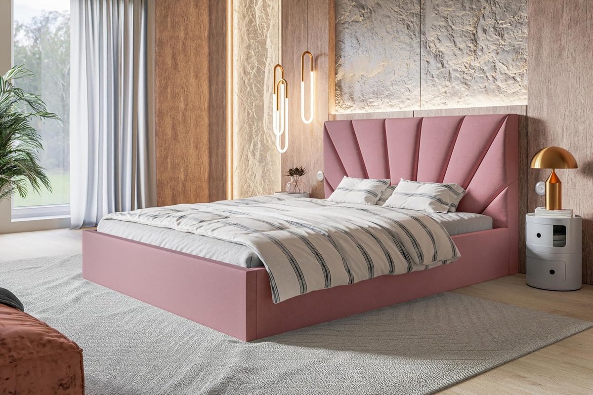Gestoffeerd Bed 180x200 cm met Opbergruimte en Hoofdbord – Luxe Tweepersoonsbed met Houten Lattenbodem, Velours Stof, Roze – Urbanhome