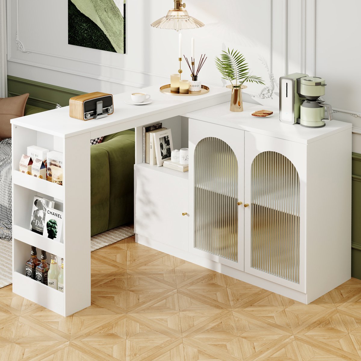 360° Drehbarer Bartisch - Moderne Witte Roterende Eet- en Barkast - Multifunctionele Opbergkast met Glazen Deuren - 120 cm - MDF