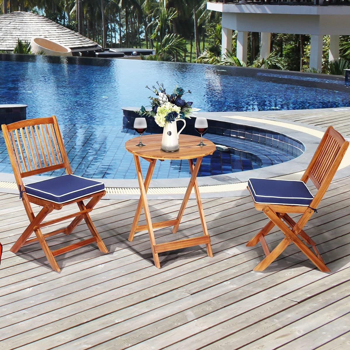 Elegant Acaciahouten Balkon Bistro Set – 1 Ronde Tafel 60x60x75 cm + 2 Stoelen met Kussens – Duurzaam en Opklapbaar