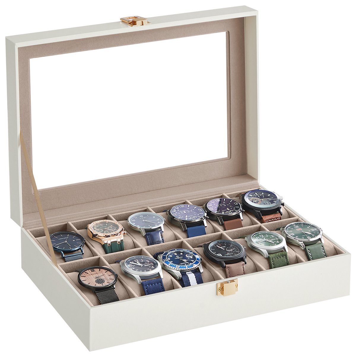 SONGMICS - Horloge Doos - Met 12 Vakken - Glazen Deksel - Uitneembare Kussens - PU Bekleding