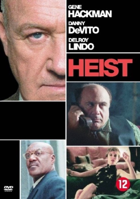 De cover toont Gene Hackman, Danny DeVito, Delroy Lindo en een vrouw in een zwarte jurk. De titel 'HEIST' staat in rode letters.