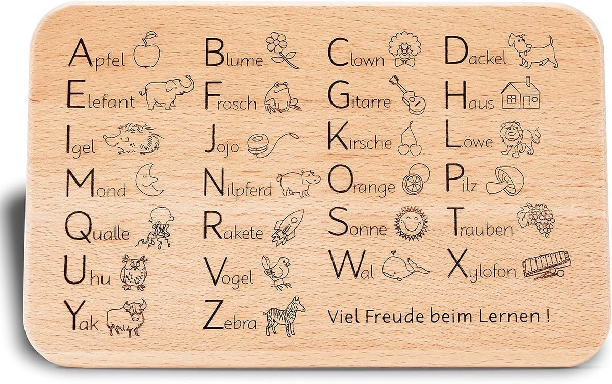 Ontbijtplank ABC - Leerplankje - Schoolstart cadeau - Hoogwaardig beukenhout - 22x14x1 cm - ABC