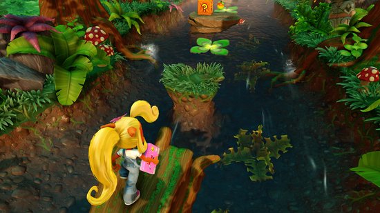 Coco Bandicoot staat op een houten brug in een jungle met een rivier en paddenstoelen.