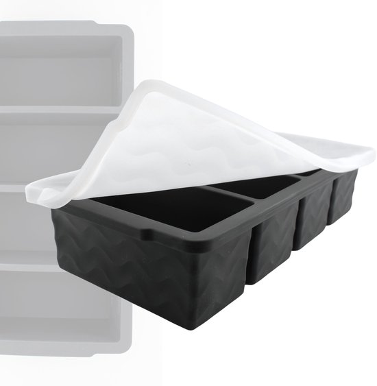 Moule en silicone noir à motif ondulé avec un couvercle blanc ouvert et partiellement replié.