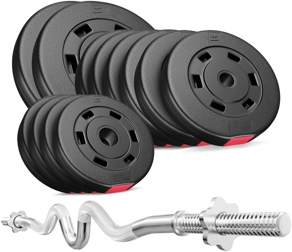 Hop-Sport Kunststof Halterset – Halterset 67 kg – SZ Curlstang 120 cm – Kunststof Gewichten met Sluitingen