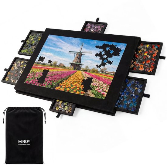 MIRO® Puzzelmap 1000 Stukjes - Puzzeltafel Met Opbergsysteem - Inclusief Beschermhoes - Puzzelmat - Portapuzzel - Puzzelmat - Draagbaar - Opvouwbaar - 6 Lades - Zwart