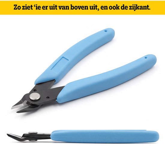 Blauwe tang van bovenaf en zijaanzicht, met afmetingen 130 mm en 95 mm.