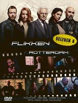 DVD-hoes met de cast van Flikken Rotterdam, seizoen 8, met de titel 'Flikken Rotterdam' en 'Seizoen 8' in geel.