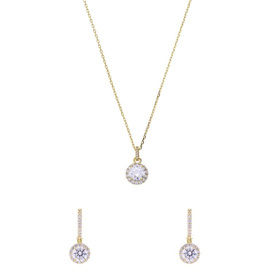 Lucardi - Dames Zilveren sieradenset goldplated ketting met hanger en bijpassende oorbellen met zirkonia voor dames - Cadeau Set - 925 Zilver - Goudkleurig