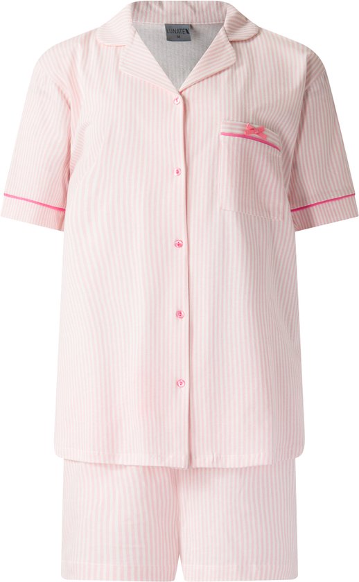 Lunatex - dames shortama 124268 doorknoop - korte pyjamaset - roze - maat L