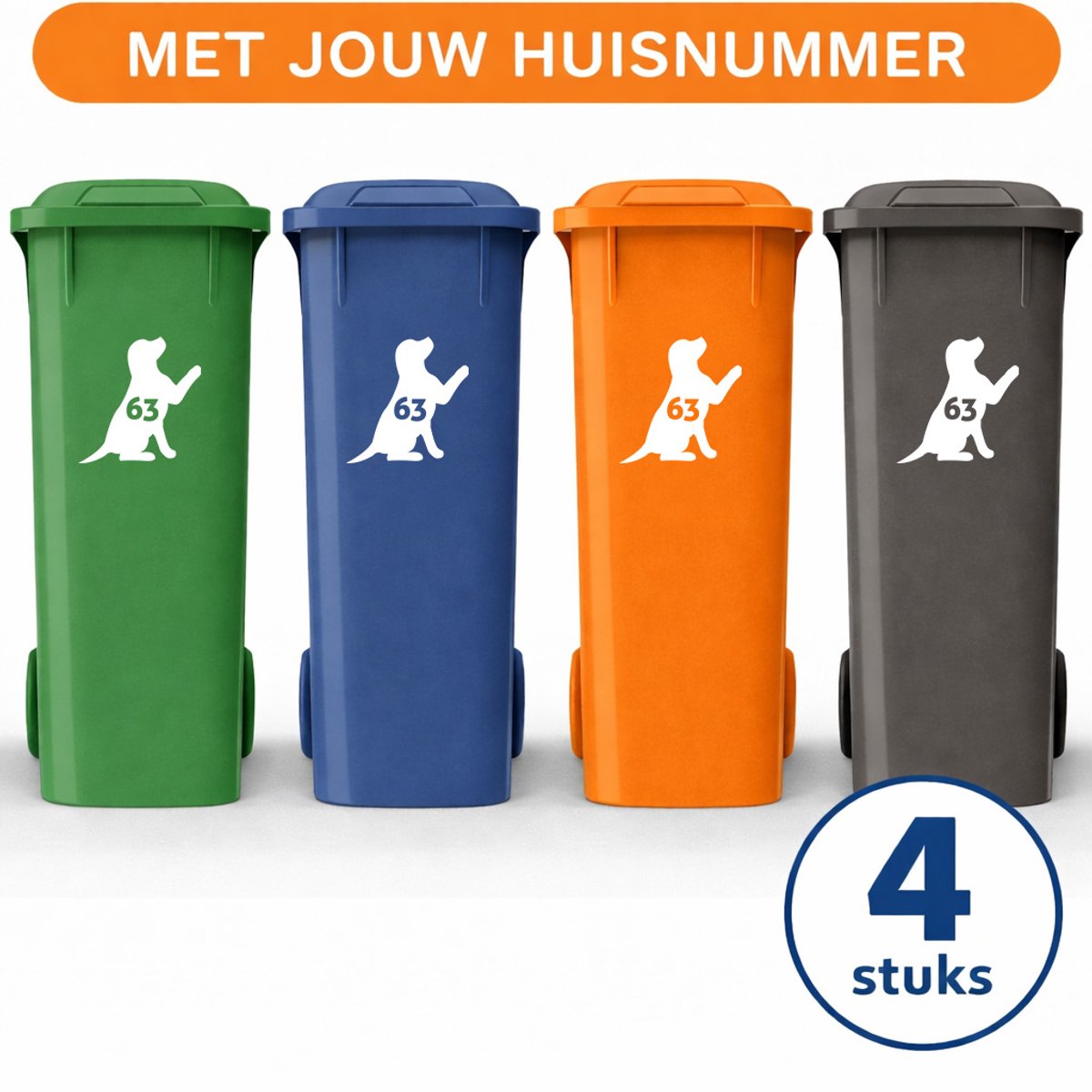 Container Stickers XL - 4 stuks - Hondje met Huisnummer - Sticker voor Afvalcontainer / Kliko - Klikosticker