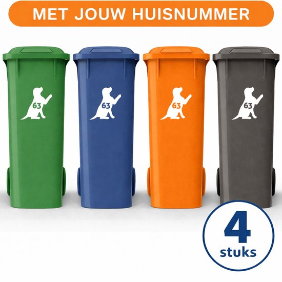 Container Stickers XL - 4 stuks - Hondje met Huisnummer - Sticker voor Afvalcontainer / Kliko - Klikosticker