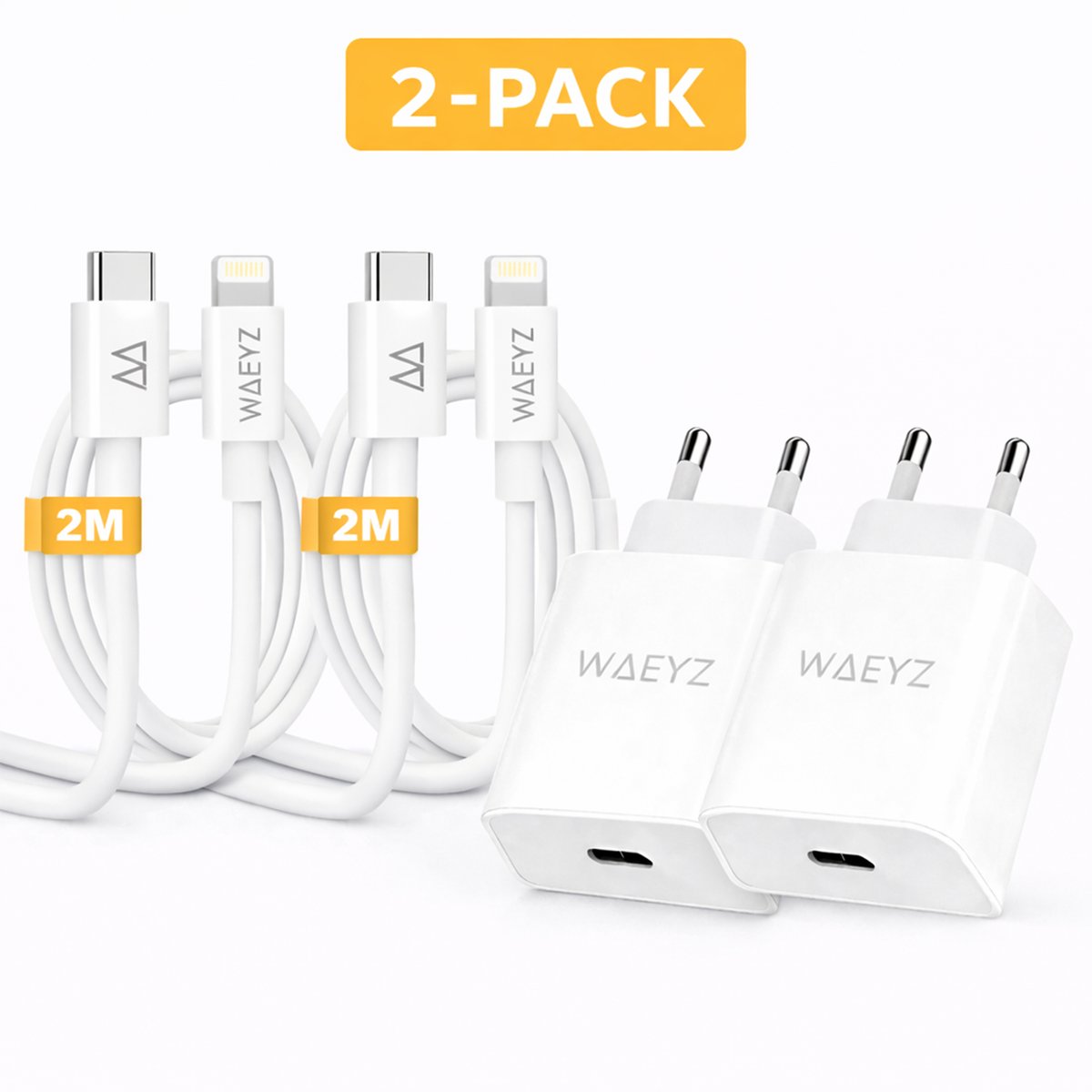 2 Stuks USB-C Adapter 20 Watt Oplader + 2 Meter USB-C Kabel Naar Lightning Compatible poort Oplaadsnoer Snellader SET Geschikt voor iPad/iPhone met Lightning aansluiting Power Delivery (PD) Snellader / Fast Charger / Chargeur Rapide