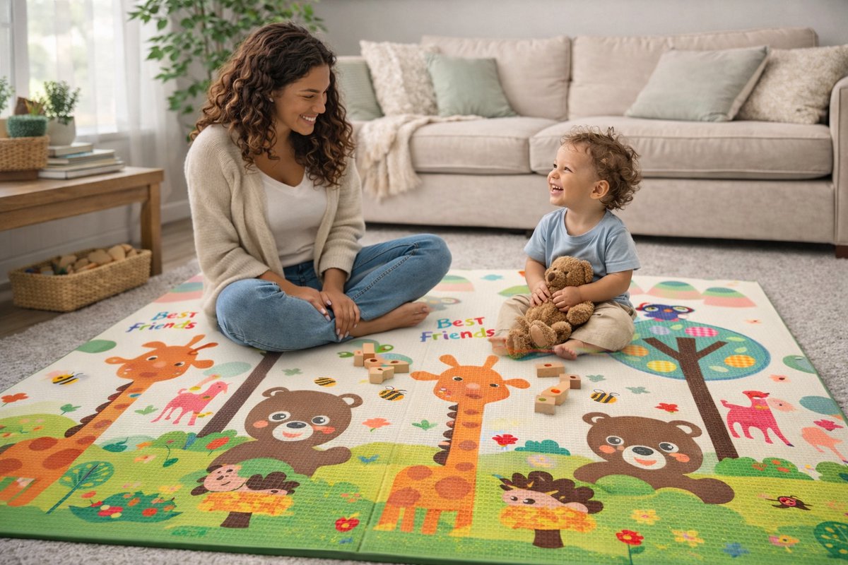 Speelmat Baby, Peuter & Kind 150x200 cm – Extra Dik Speelkleed – Voor Binnen & Buiten – Foam Kruipmat – Dubbelzijdig Opvouwbaar – Inclusief Opbergtas – Zacht & Veilig - Opvouwbare speelmat dierenwereld & giraffen - baby cadeau - kraamcadeau – foto 6
