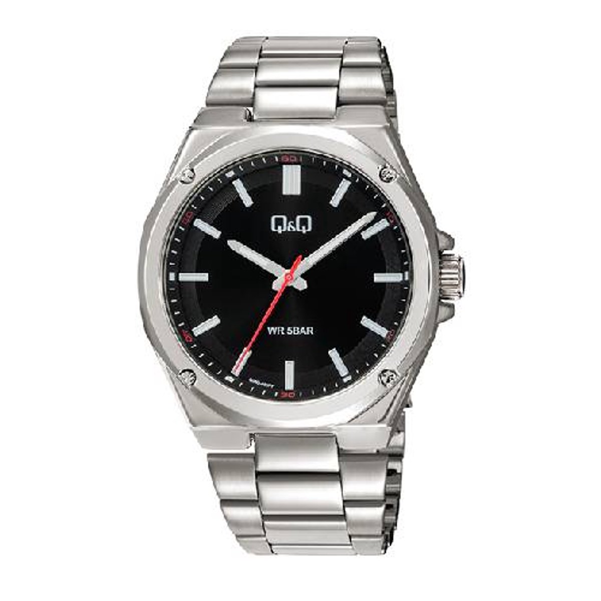 QQ-heren horloge-model q05c-001py-zilverkleurig-zwarte wijzerplaat-5 bar waterdicht-diameter 42 mm
