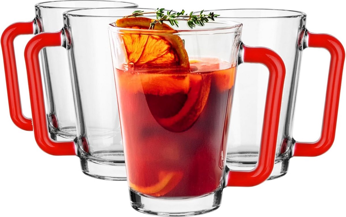 Set van 4 Glazen met Hendel 250 ml - Drinkglazen met Gekleurd Oor - Vaatwasmachinebestendig