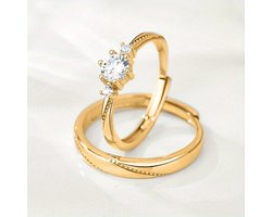 Sjika - Relatie Ringen Set – 2-delig – Goudkleurig – Zirkonia – Verstelbaar – Trouwringen / Verlovingsringen / Vriendschapsringen – Voor Koppels - Cadeau
