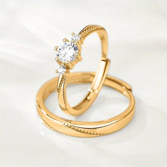 Sjika - Relatie Ringen Set – 2-delig – Goudkleurig – Zirkonia – Verstelbaar – Trouwringen / Verlovingsringen / Vriendschapsringen – Voor Koppels - Cadeau