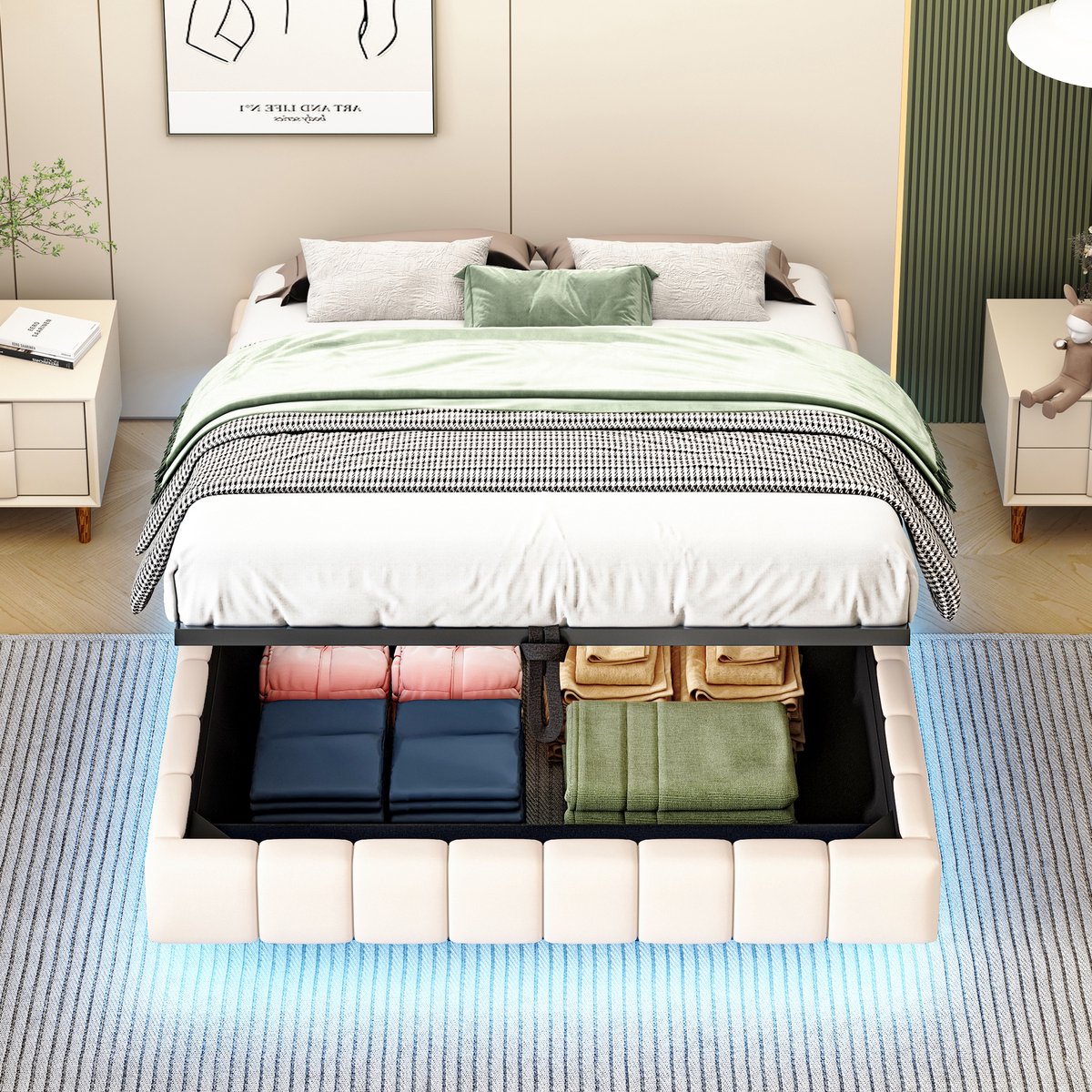 Wishdor Gestoffeerd Bed - Zwevend Effect - Opbergruimte Met Gasdrukveer - Led Lichtstrip Met Kleurwisseling - Linnen Beige - 140 X 200 Cm