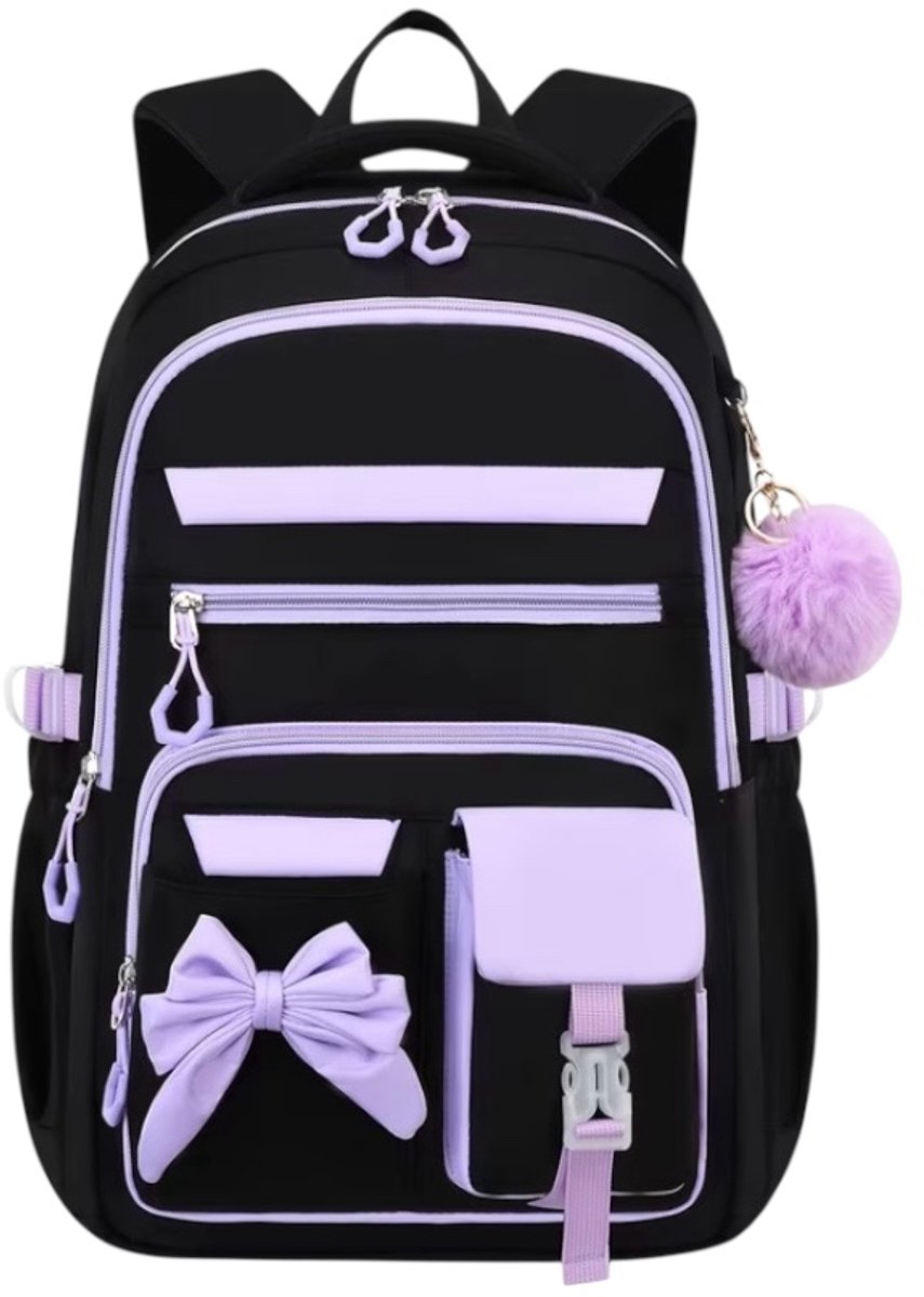 Twenty Two schooltas met sleutelhanger voor meiden/tieners | rugtas voor school/brugklas |32x16x45cm| rugtas met strik | grote capaciteit | 15.6 inch laptoptas | met verstelbare schouderbanden | trolley sleeve | schooltas | reistas | paars/lila/zwart