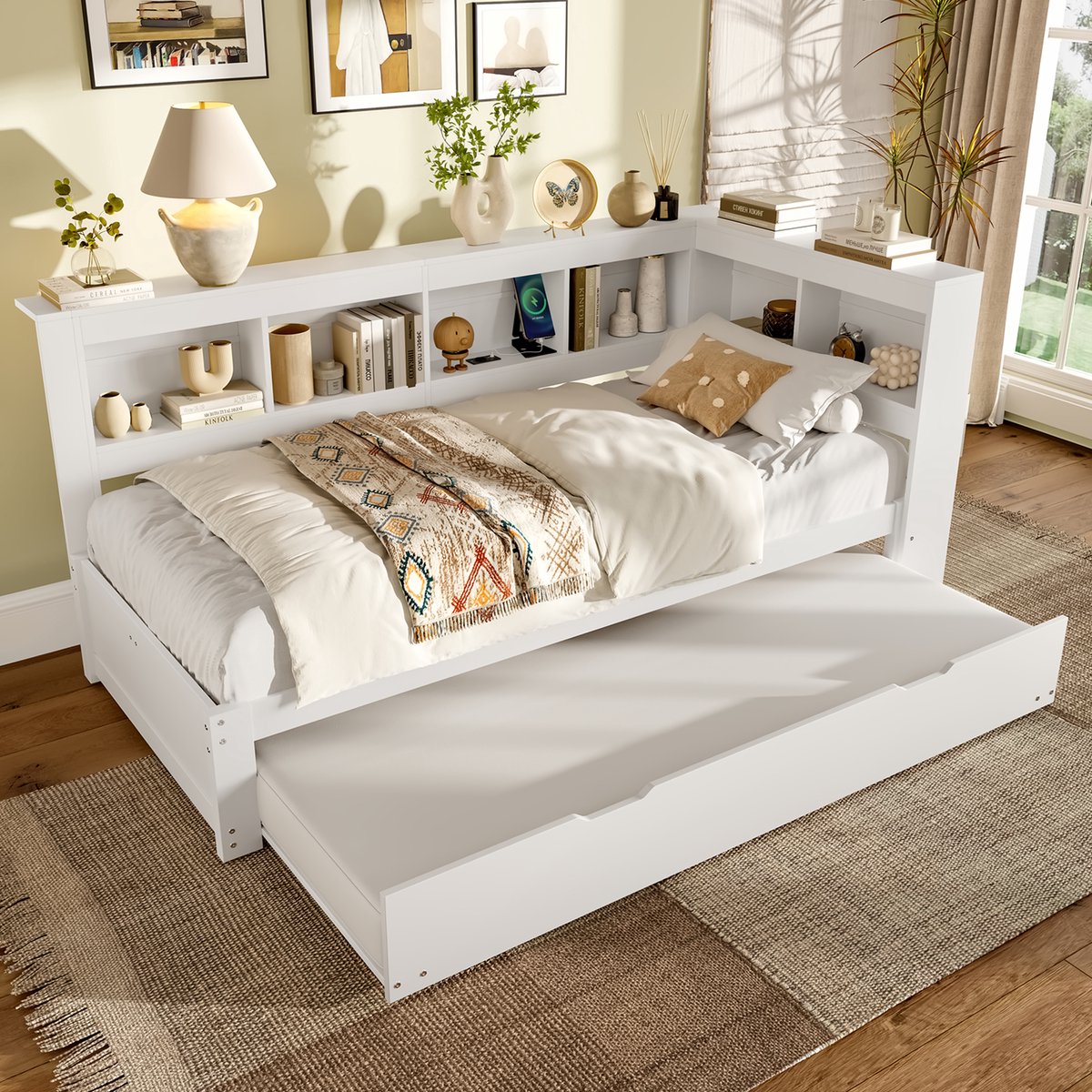 FloraGrace Bedbank 90x200 cm – Met Stopcontact En 2 Usb Poorten – Uitschuifbed – Met Opbergvakken – Zonder Matras – Grenen Hout – Wit