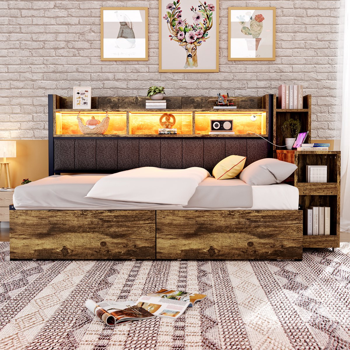 FloraGrace Bed 90x200cm – Eenpersoonsbed Met Uittrekbaar Bureau En Stopcontacten – Met Lades En Vakken – Zonder Matras – Metaal Hout – Natuurhout Houtkleur